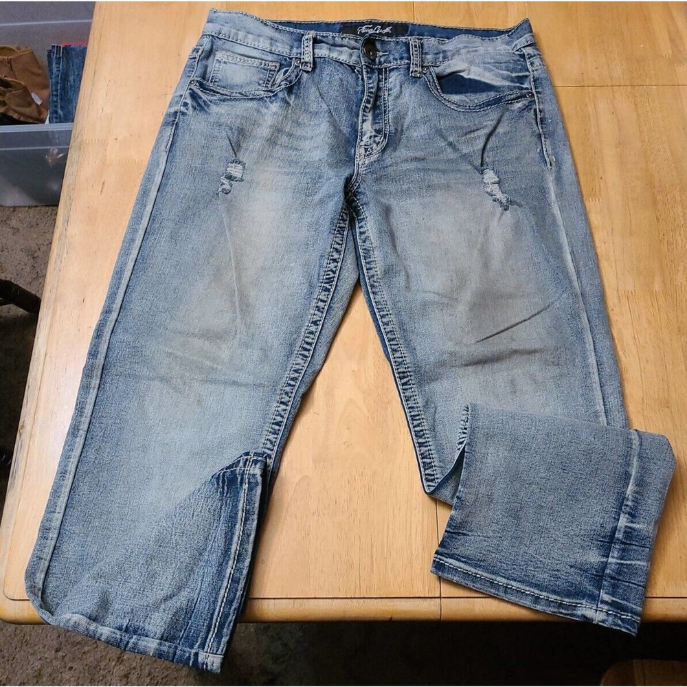 True Luck Mens Straight Leg Jeans Size 34×30 Distressed Acid Wash Stretch
